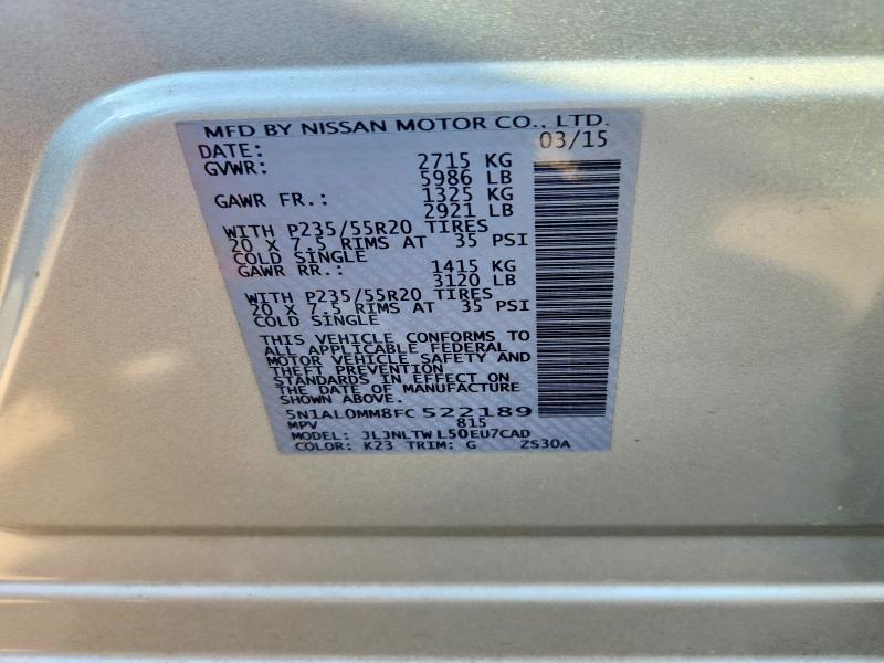 2015 Infiniti Qx60 მანქანა იყიდება აუქციონზე, vin: 5N1AL0MM8FC522189, აუქციონის ნომერი: 56399986