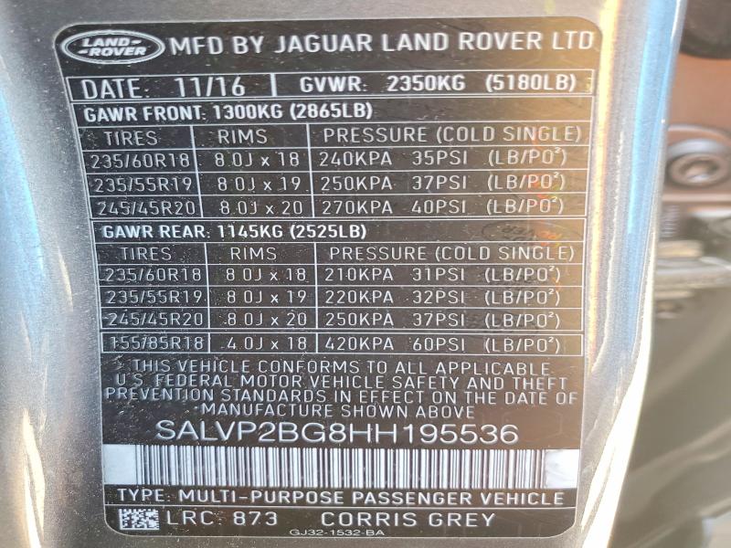 2017 Land Rover Range Rover Evoque მანქანა იყიდება აუქციონზე, vin: SALVP2BG8HH195536, აუქციონის ნომერი: 57247946