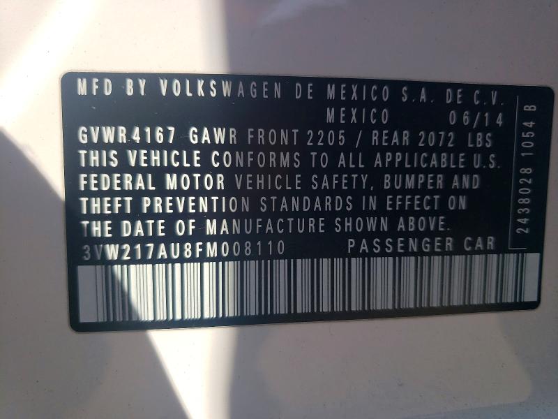 55819016 :رقم المزاد ، 3VW217AU8FM008110 vin ، 2015 Volkswagen Golf مزاد بيع
