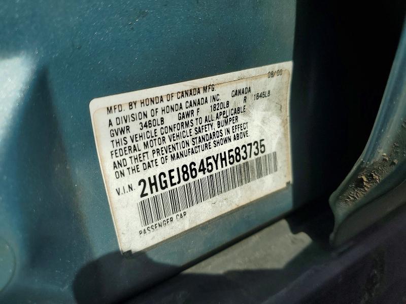 Продаж на аукціоні авто 2000 Honda Civic, vin: 2HGEJ8645YH583735, номер лоту: 56798996