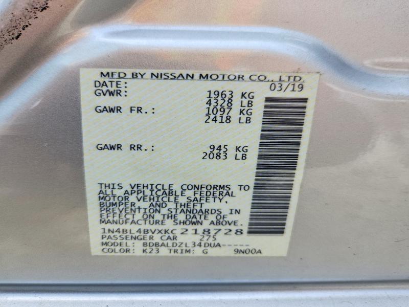 Продажа на аукционе авто 2019 Nissan Altima, vin: 1N4BL4BVXKC218728, номер лота: 58617166