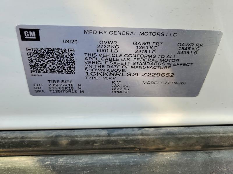 56131786 :رقم المزاد ، 1GKKNRLS2LZ229652 vin ، 2020 Gmc Acadia مزاد بيع