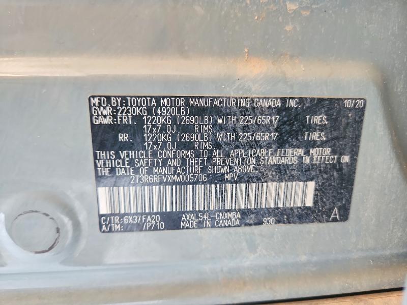 2021 Toyota Rav4 Hybrid მანქანა იყიდება აუქციონზე, vin: 2T3R6RFVXMW005706, აუქციონის ნომერი: 58985416
