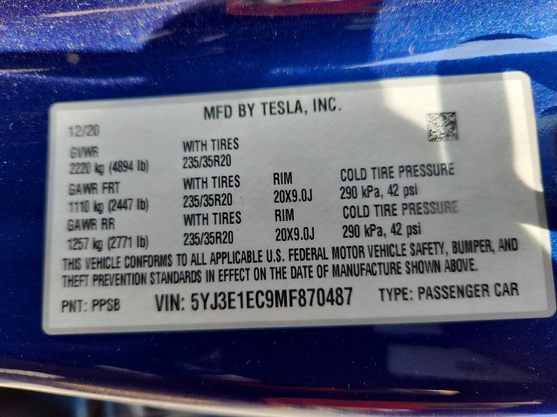 Продажа на аукционе авто 2021 Tesla Model 3, vin: 5YJ3E1EC9MF870487, номер лота: 58104446