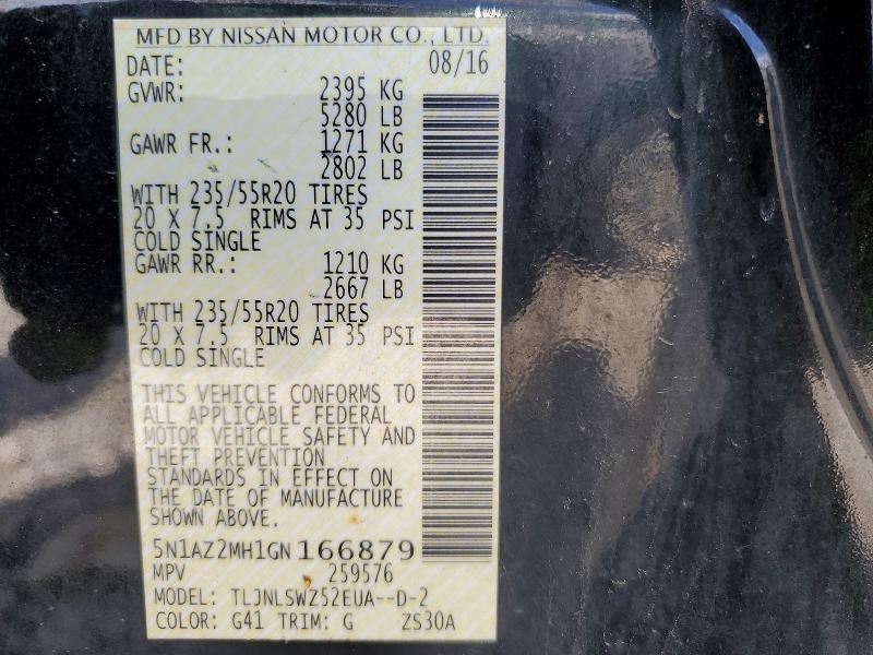 Aukcja sprzedaży 2016 Nissan Murano, vin: 5N1AZ2MH1GN166879, numer aukcji: 57049446