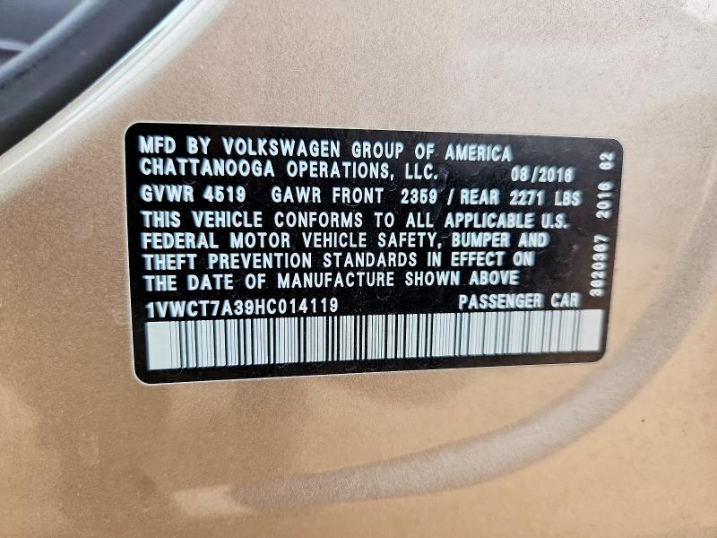 Aukcja sprzedaży 2017 Volkswagen Passat, vin: 1VWCT7A39HC014119, numer aukcji: 56362426