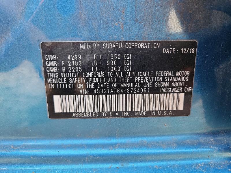 2019 Subaru Impreza მანქანა იყიდება აუქციონზე, vin: 4S3GTAT64K3724061, აუქციონის ნომერი: 58377176