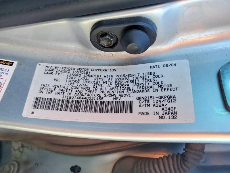 Продажа на аукционе авто 2004 Toyota 4runner, vin: JTEBU14R440051465, номер лота: 56817236