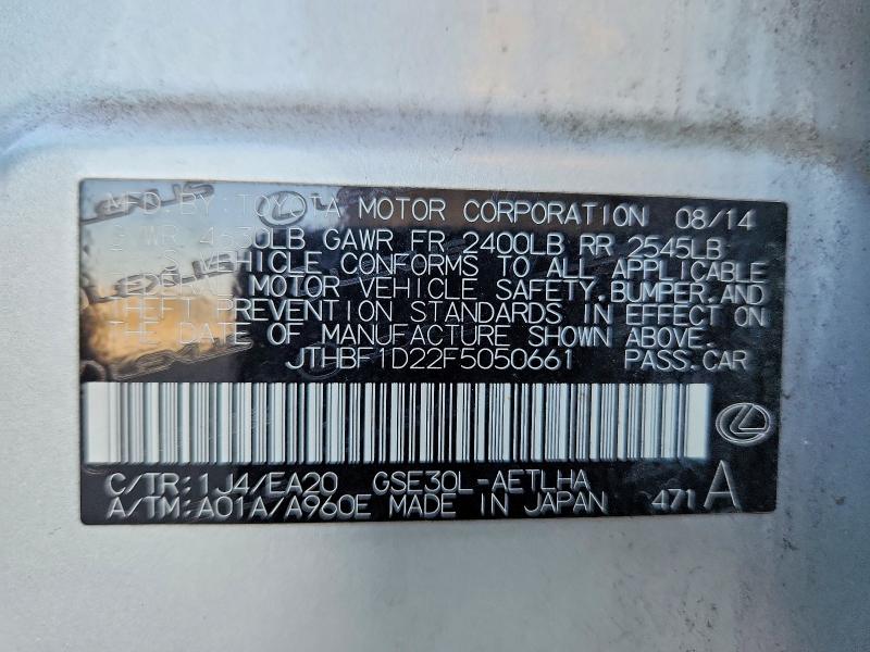 56171116 :رقم المزاد ، JTHBF1D22F5050661 vin ، 2015 Lexus Is مزاد بيع