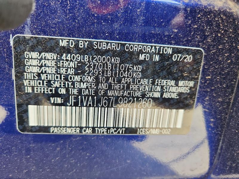 58292876 :رقم المزاد ، JF1VA1J67L9821260 vin ، 2020 Subaru Wrx مزاد بيع