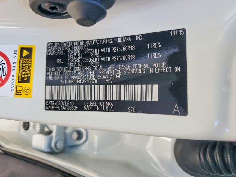 55792336 :رقم المزاد ، 5TDJKRFH8FS216670 vin ، 2015 Toyota Highlander مزاد بيع