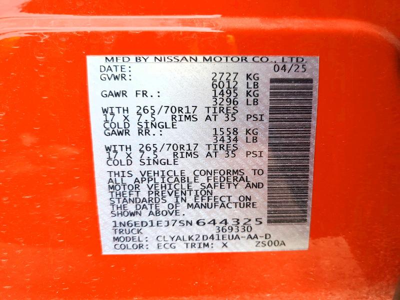 Aukcja sprzedaży 2025 Nissan Frontier, vin: 1N6ED1EJ7SN644325, numer aukcji: 56310156