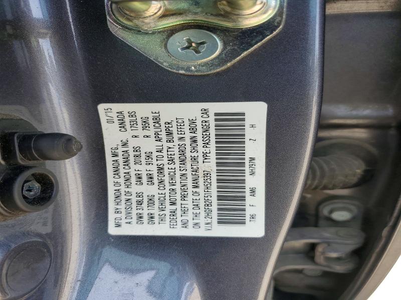 2015 Honda Civic მანქანა იყიდება აუქციონზე, vin: 2HGFB2F51FH525397, აუქციონის ნომერი: 56439616
