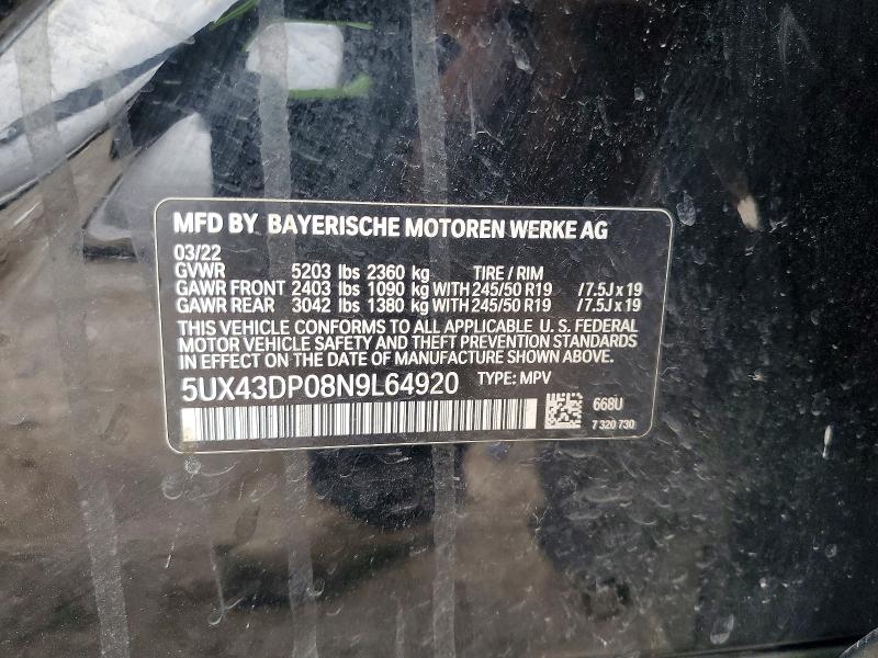 Aukcja sprzedaży 2022 Bmw X3, vin: 5UX43DP08N9L64920, numer aukcji: 58200996