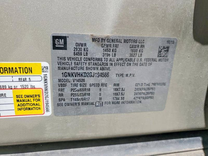 56861036 :رقم المزاد ، 1GNKVHKD2GJ194566 vin ، 2016 Chevrolet Traverse مزاد بيع
