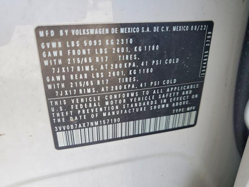 Auction sale of the 2022 Volkswagen Tiguan, vin: 3VV0B7AX7NM157190, lot number: 57937856