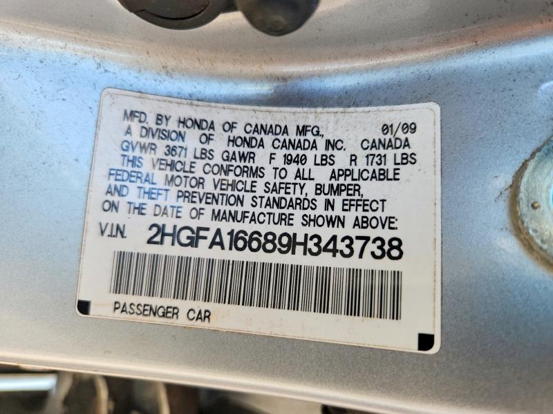 Продаж на аукціоні авто 2009 Honda Civic, vin: 2HGFA16689H343738, номер лоту: 58629516