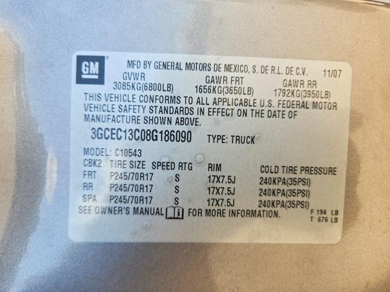 2008 Chevrolet Silverado მანქანა იყიდება აუქციონზე, vin: 3GCEC13C08G186090, აუქციონის ნომერი: 85978645