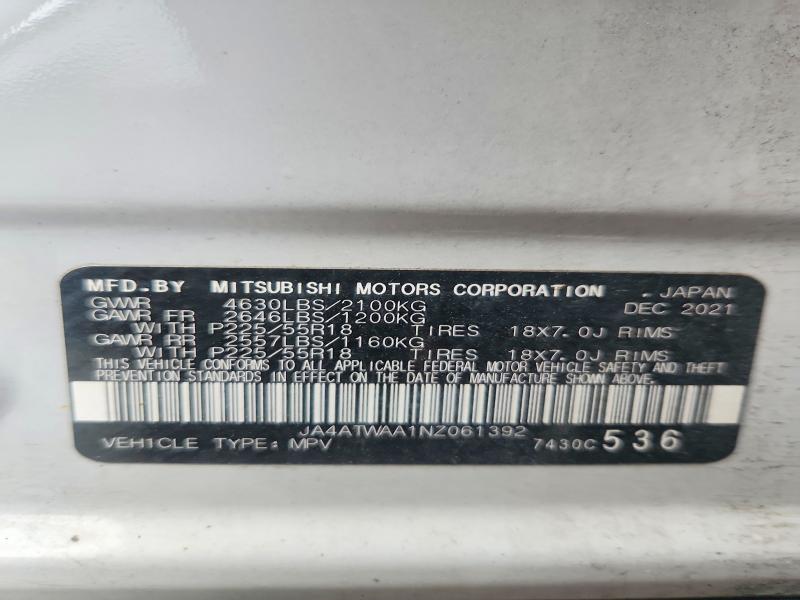 2022 Mitsubishi Eclipse Cross მანქანა იყიდება აუქციონზე, vin: JA4ATWAA1NZ061392, აუქციონის ნომერი: 57010966