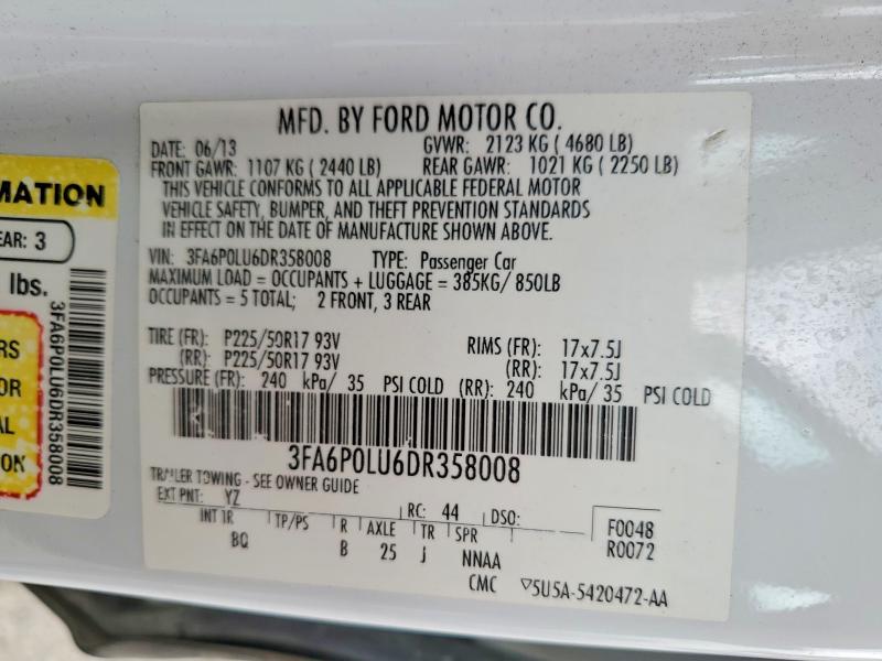 57339496 :رقم المزاد ، 3FA6P0LU6DR358008 vin ، 2013 Ford Fusion مزاد بيع