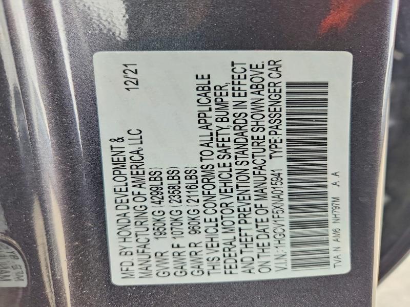 2022 Honda Accord მანქანა იყიდება აუქციონზე, vin: 1HGCV1F5XNA015941, აუქციონის ნომერი: 55556896