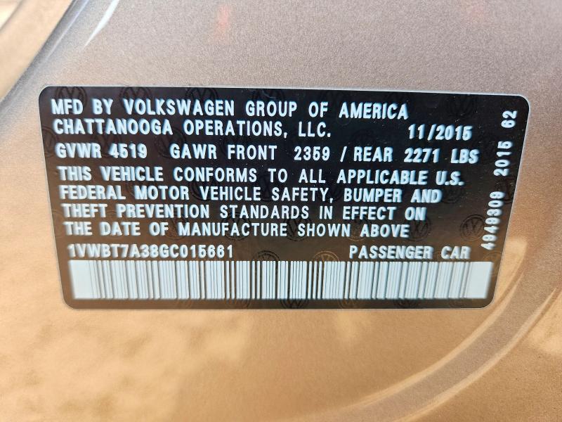 2016 Volkswagen Passat მანქანა იყიდება აუქციონზე, vin: 1VWBT7A38GC015661, აუქციონის ნომერი: 97682705