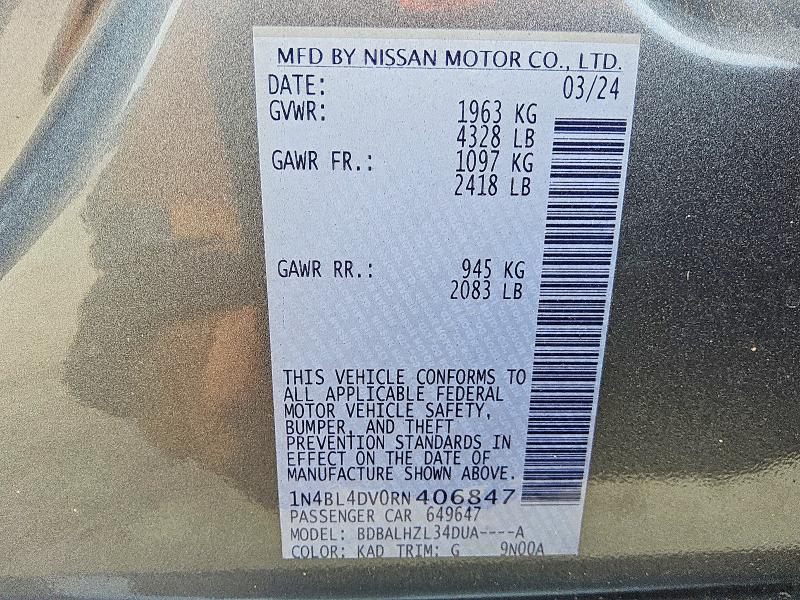 Продаж на аукціоні авто 2024 Nissan Altima, vin: 1N4BL4DV0RN406847, номер лоту: 55522096