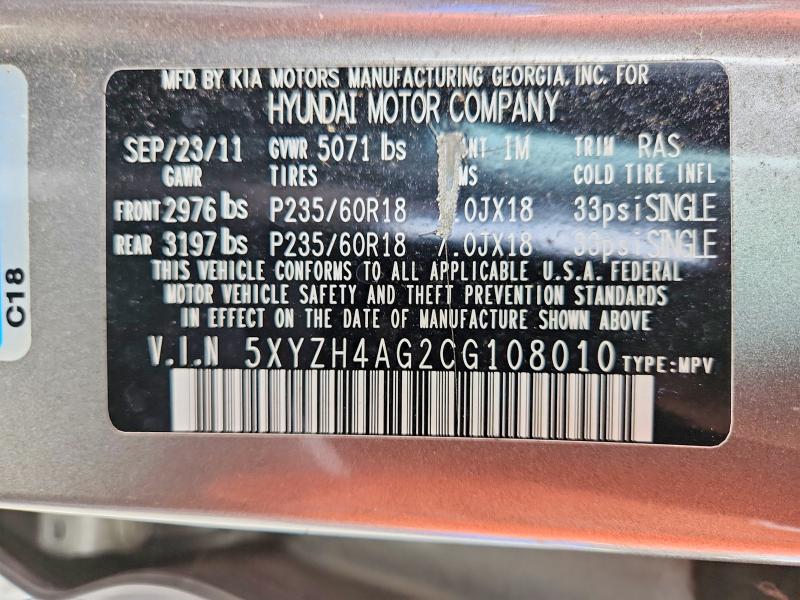 Aukcja sprzedaży 2012 Hyundai Santa Fe, vin: 5XYZH4AG2CG108010, numer aukcji: 56891566