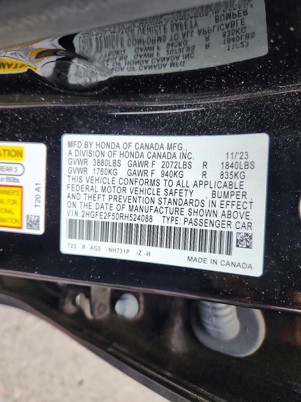 Aukcja sprzedaży 2024 Honda Civic, vin: 2HGFE2F50RH524088, numer aukcji: 58054846