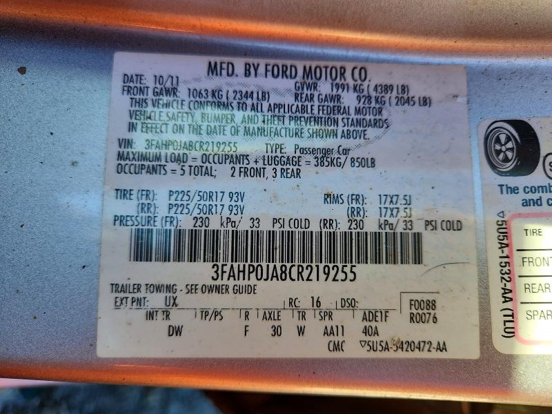 Aukcja sprzedaży 2012 Ford Fusion, vin: 3FAHP0JA8CR219255, numer aukcji: 55914316