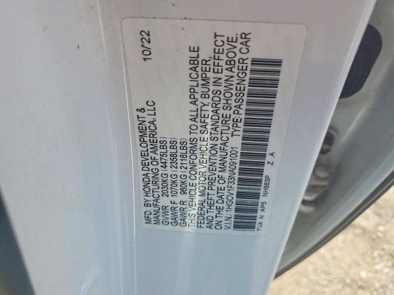 Aukcja sprzedaży 2022 Honda Accord, vin: 1HGCV1F33NA091001, numer aukcji: 55438816