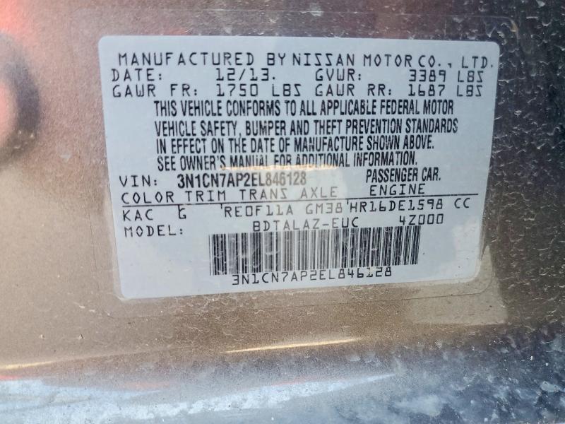 Aukcja sprzedaży 2014 Nissan Versa, vin: 3N1CN7AP2EL846128, numer aukcji: 57602356