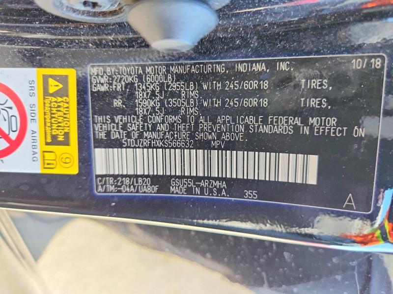 Продажа на аукционе авто 2019 Toyota Highlander, vin: 5TDJZRFHXKS566632, номер лота: 55926896
