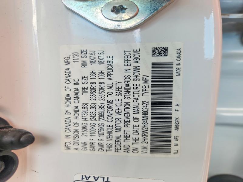 2021 Honda Cr -v მანქანა იყიდება აუქციონზე, vin: 2HKRW2H84MH602422, აუქციონის ნომერი: 57054766