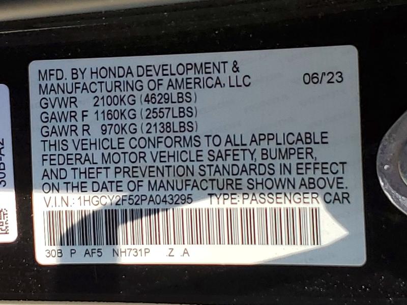 Продаж на аукціоні авто 2023 Honda Accord, vin: 1HGCY2F52PA043295, номер лоту: 56100656
