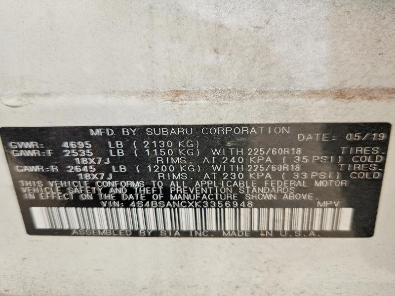 55744606 :رقم المزاد ، 4S4BSANCXK3356948 vin ، 2019 Subaru Outback مزاد بيع