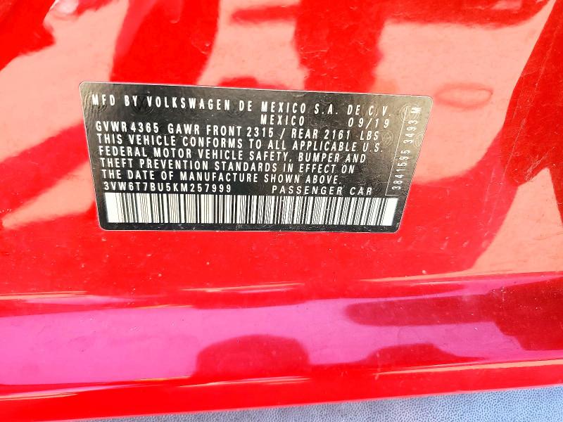 2019 Volkswagen Jetta მანქანა იყიდება აუქციონზე, vin: 3VW6T7BU5KM257999, აუქციონის ნომერი: 58802466