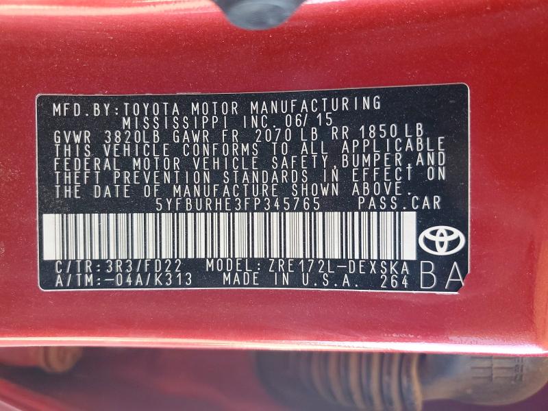 Продажа на аукционе авто 2015 Toyota Corolla, vin: 5YFBURHE3FP345765, номер лота: 56699566