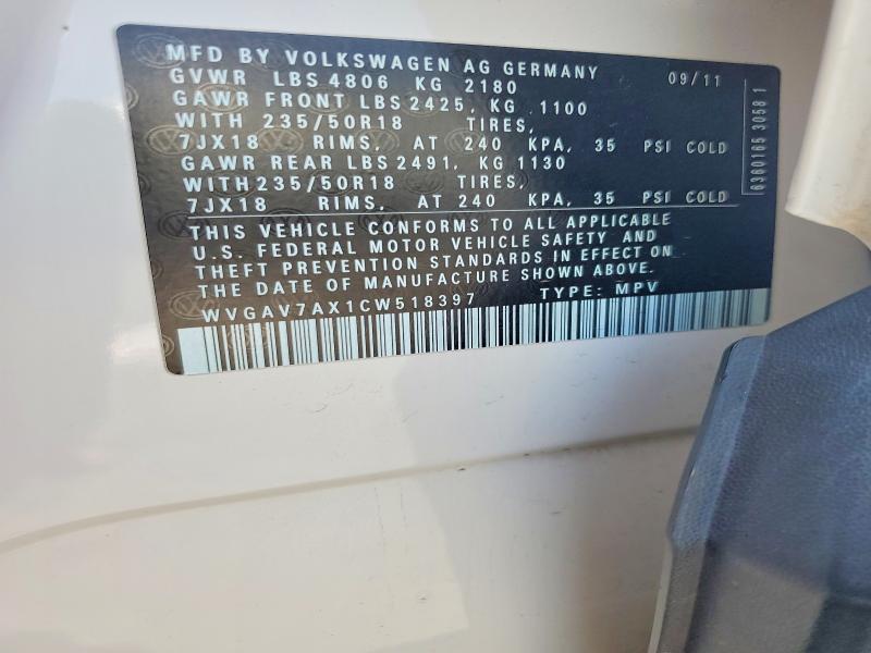 85979755 :رقم المزاد ، WVGAV7AX1CW518397 vin ، 2012 Volkswagen Tiguan مزاد بيع