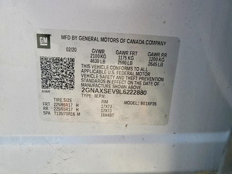 Aukcja sprzedaży 2020 Chevrolet Equinox, vin: 2GNAXSEV9L6222880, numer aukcji: 58961816