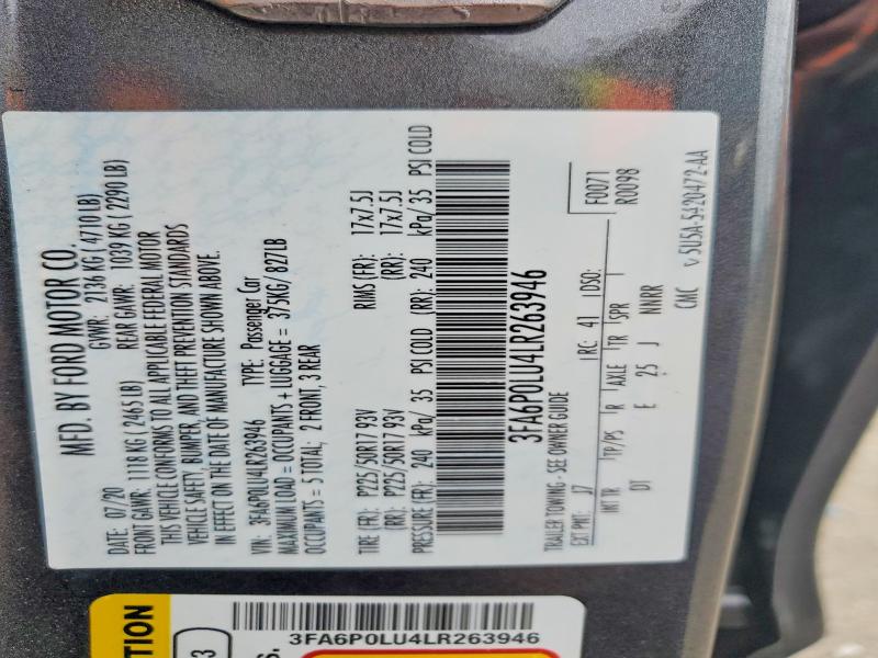 Продаж на аукціоні авто 2020 Ford Fusion, vin: 3FA6P0LU4LR263946, номер лоту: 57960756