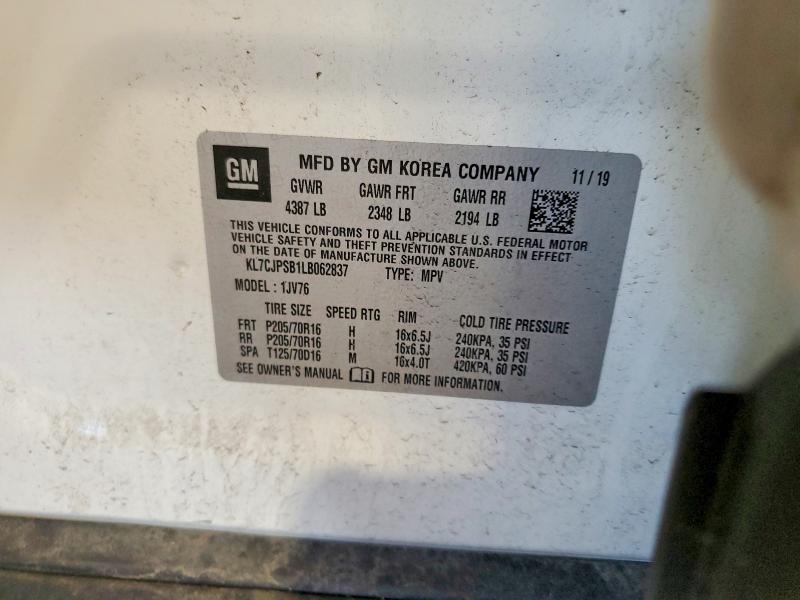 55937916 :رقم المزاد ، KL7CJPSB1LB062837 vin ، 2020 Chevrolet Trax مزاد بيع