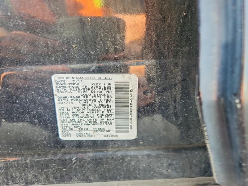 2011 Nissan Murano მანქანა იყიდება აუქციონზე, vin: JN8AZ1MW0BW181703, აუქციონის ნომერი: 57898236