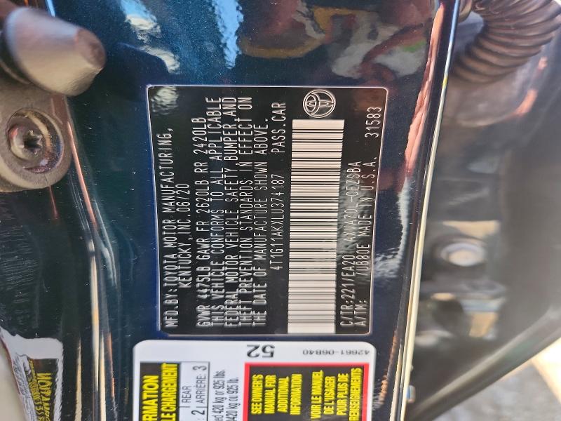 57423046 :رقم المزاد ، 4T1G11AKXLU374187 vin ، 2020 Toyota Camry مزاد بيع