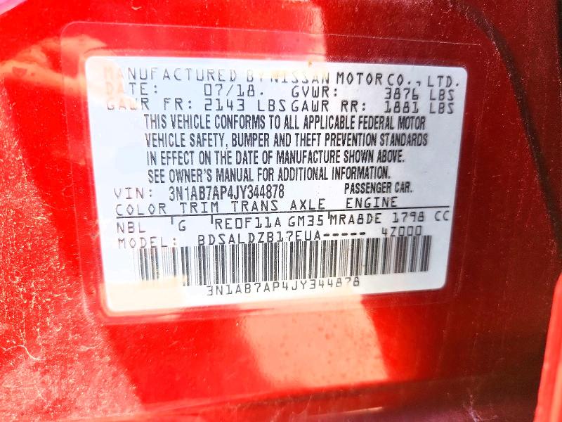 2018 Nissan Sentra მანქანა იყიდება აუქციონზე, vin: 3N1AB7AP4JY344878, აუქციონის ნომერი: 56033126
