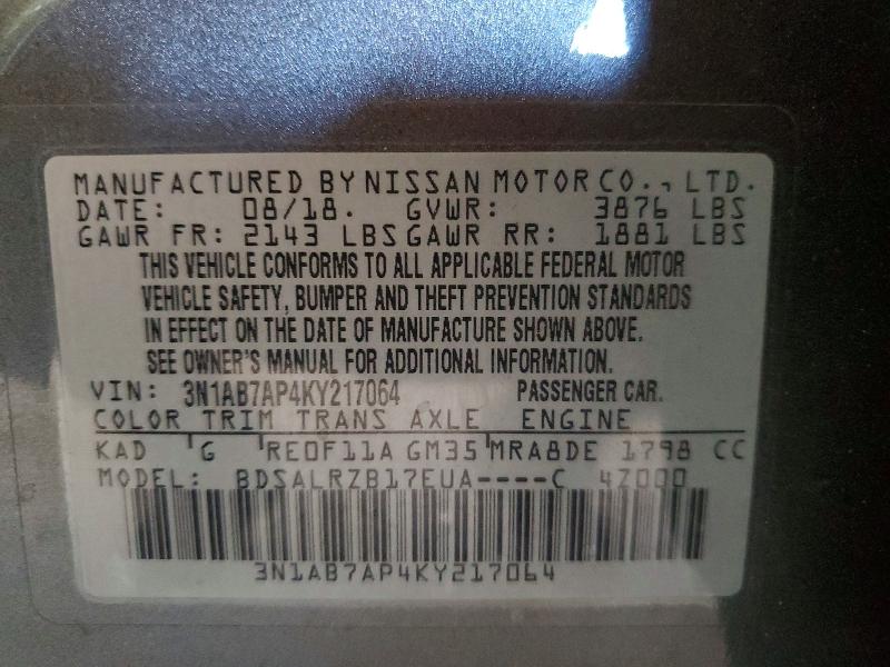 56191576 :رقم المزاد ، 3N1AB7AP4KY217064 vin ، 2019 Nissan Sentra مزاد بيع