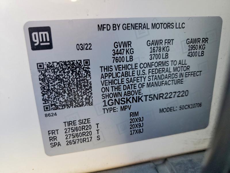 Продажа на аукционе авто 2022 Chevrolet Tahoe, vin: 1GNSKNKT5NR227220, номер лота: 57386136