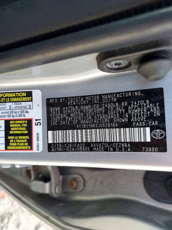 Продажа на аукционе авто 2018 Toyota Camry, vin: 4T1B11HK2JU628164, номер лота: 55361976