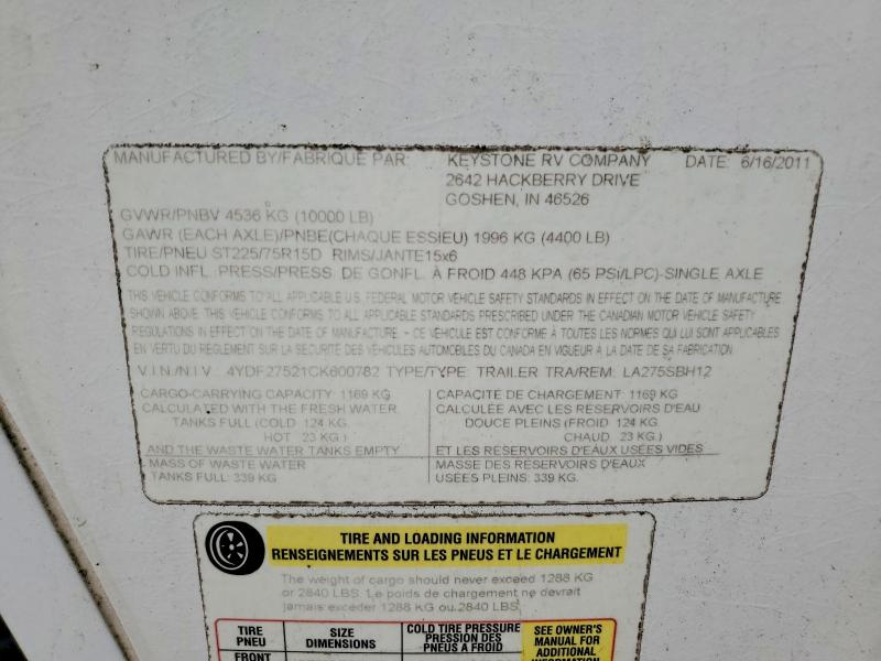 2012 Key Stone Recreational Vehicle (rv) მანქანა იყიდება აუქციონზე, vin: 4YDF27521CK600782, აუქციონის ნომერი: 55165346