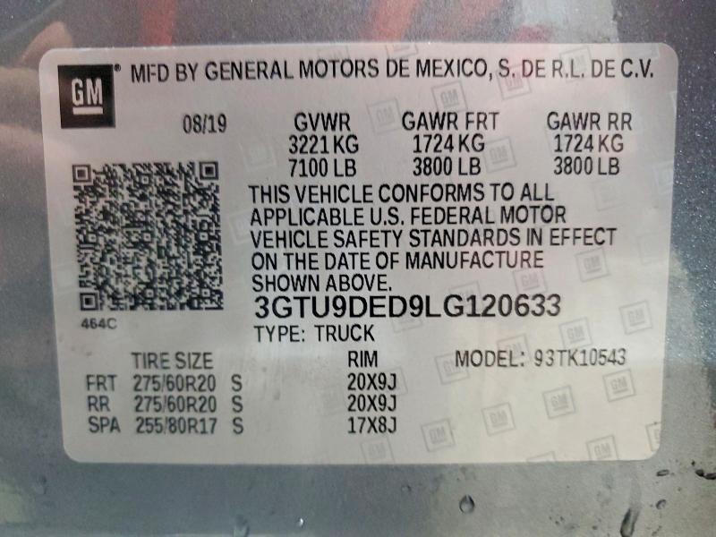 2020 Gmc Sierra მანქანა იყიდება აუქციონზე, vin: 3GTU9DED9LG120633, აუქციონის ნომერი: 55758156
